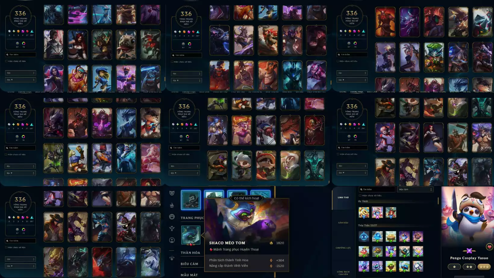 Ảnh 🎮 Thông tin tài khoản: ✅ 336 skin cực khủng 🔥 3 cam, 4 Tối Thượng, 37 Huyền Thoại (đỏ), 187 Sử Thi 🐱 Có mảnh trang phục SHACO MÈO TOM mới ra 🏅 Rank hiện tại: Đồng (acc chơi chill, chưa tryhard) 🧠 TFT (Đấu Trường Chân Lý): có chơi ổn định 🏟️ Sân chưởng đủ chơi, tha hồ thay đổi